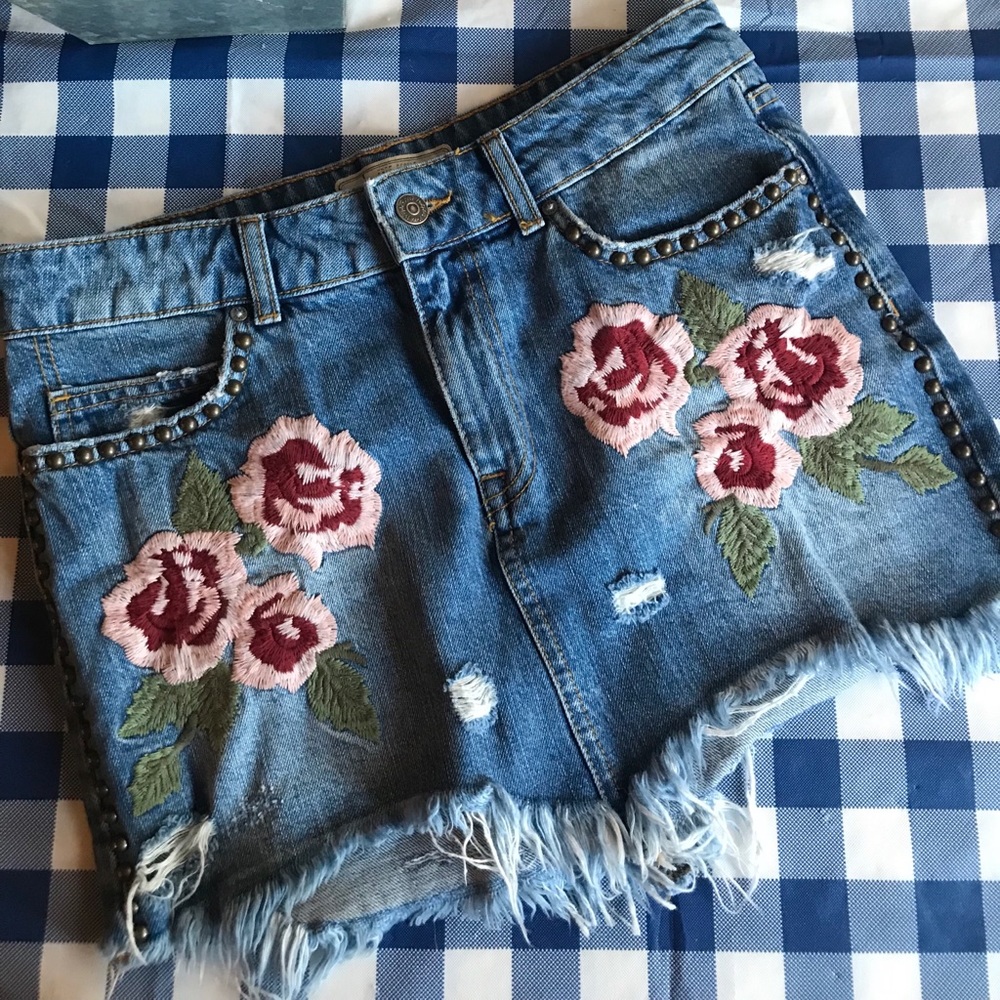 Free People Wild Rose Embroidered Denim Skirt